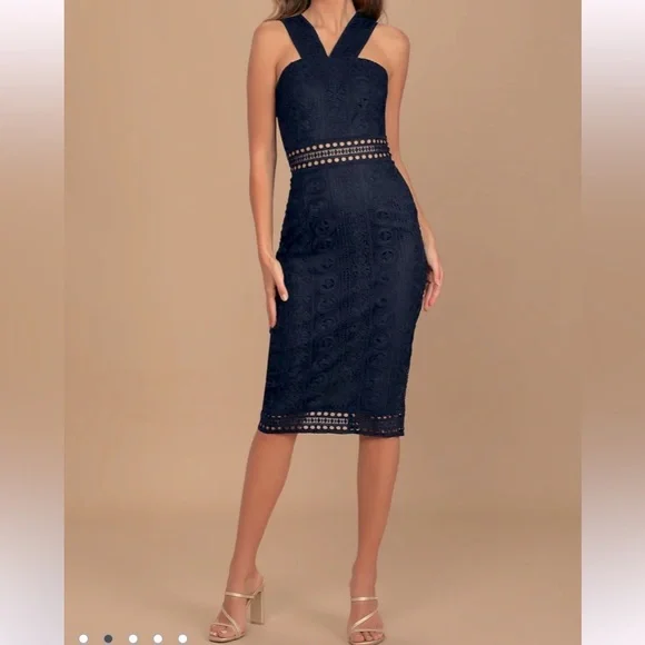cocktail ready navy blue crochet lace midi dress Chania Silk Dress  Petite Chrie